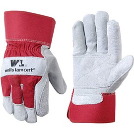 Wells Lamont Guantes de trabajo de cuero con puño de seguridad, doble palma, piel de vacuno dividida, talla única (4050), negro, grande, rojo