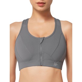 Yvette Zip Front Sports Bra - High Impact Sports Bras for Women Plus Size Workout Fitness Running,Grey,4XL Plus