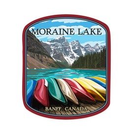 Die Cut Sticker Banff, Alberta, Canada, Moraine Lake and Canoes, Contour Vinyl Sticker 1 to 3 inches (Waterproof Decal for Cars, Water Bottles, Laptops, Coolers), Small