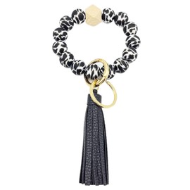 Jesemiah Elastic Silicone Bracelet Keychain for Women Cute Leopard Beaded Wrist Key Chain Car Key Holder Key Ring Wristlet (Black Leopard)