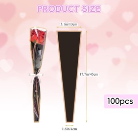 Gloreyan 100pcs Single Flower Sleeves Wrapping Bags Black Single Rose Florist Bouquet Packaging Bags Golden Edge Cellophane Flower Sleeves for Floral Arrangement Supply Wedding Valentine's Day