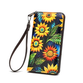 ANFUMAN Womens Wallet RFID Credit Card Holder Travel Leather Zipper Wallets for Women Multiple Sunflowers