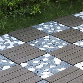 PURE ERA Natural Real Stone Interlocking Floor Deck Tiles Indoor Outdoor Use 12"x12" (4Pcs, 4 sq. Ft, Sliced Black and White) - Great Upgrade to Patio Backyard Pathway