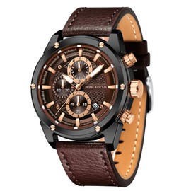 Mini Focus Men Watches Business Casual Wrist Watches (Multifunction/Waterproof/Luminous/Calendar) Genuine Leather Band Fashion Watch for Men (Brown)