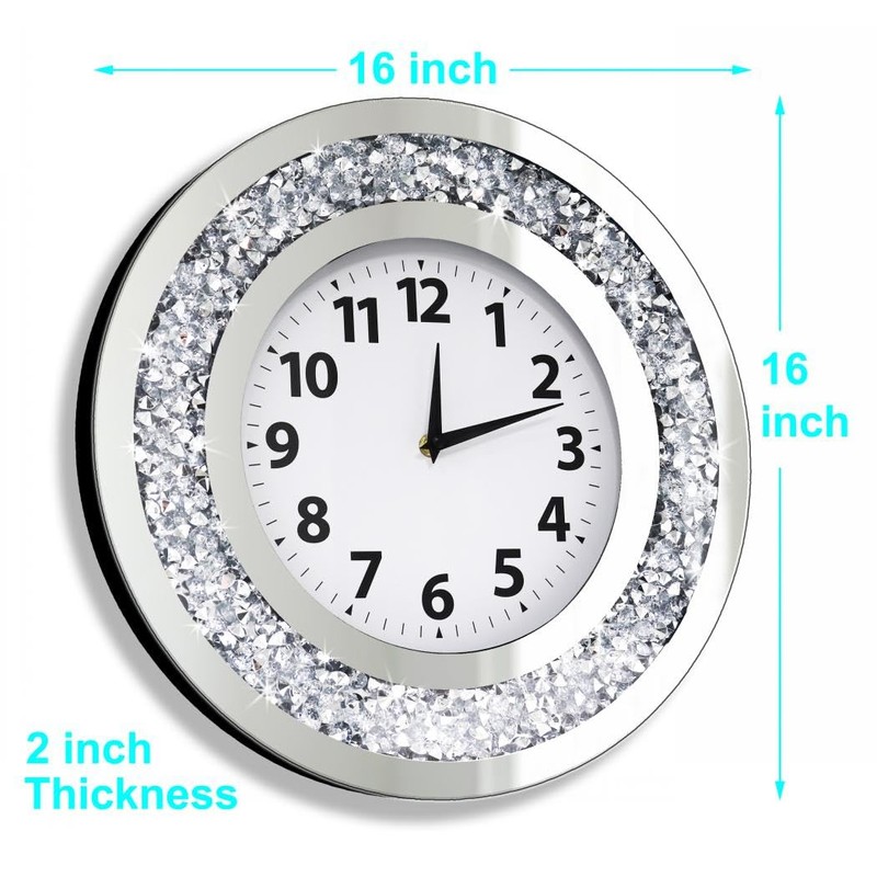 DMDFIRST Crystal Crushed Diamond Mirrored Round Wall Clock 16x16x2 inches