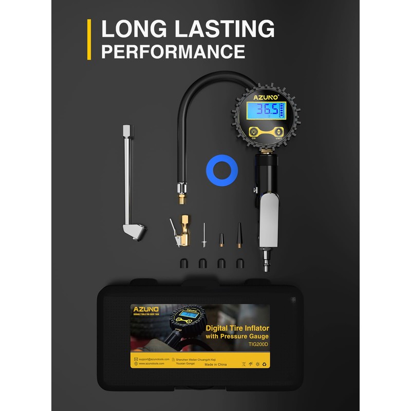 AZUNO Digital Tire Inflator with Pressure Gauge, 200 PSI, Heavy