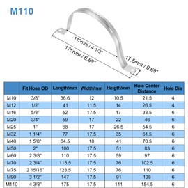 Sourcing Map 8pcs Stainless Steel Silver Pipe Clamp, 4 5/16 Inch (110mm) Tube OD, 2 Holes, U Bracket Tube Clip for Pipe or Cable Fixing