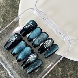 MouyouGlow Press on Nails Long, Ballerina Black Gradient Blue Fireworks Cat Eye Magnetic New Year Fake Nails with Nail Glue, New Year Phototherapy Art Artificial Fingernails, Pack of 10 (86-XS Size)