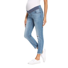 Foucome Women's Maternity Jeans Stretch Ripped Boyfriend Jeans Pregnancy Denim Pants with Pockets(Blue, M)