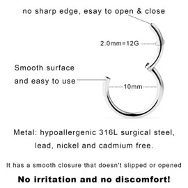 Yaalozei 12G Spetum Rings lip Rings Snake Bites Piercing Jewelry Surgical Stainless Steel Hinged Segment Cartilage Tragus Helix Rook Daith 12 Gauge Earrings Hoops Septum Nose Clicker Women Men 10mm