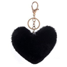 Unpafcxddyig Pom Poms Keychains Fluffy Heart Shape Pompoms Keyring Faux Rabbit Fur Key Chain for Car Bag Charm,Black