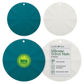 Larder & Vine Silicone Trivets for Hot Pots and Pans | Set of 4 Round Hot Pads for Kitchen | 7” & 9” Trivets for Hot Dishes | Heat-Resistant Silicone Mats for Kitchen Counter | Bondi/French Gray