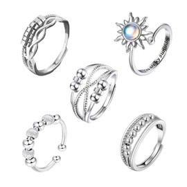 5Pcs Anxiety Rings for Women - Fidget Rings Set with Zircon Beads, Premium Anxiety Ring Collection for Stress & ADHD Relief, Rotating Fidget Rings for Anxiety Women (Hypoallergenic)