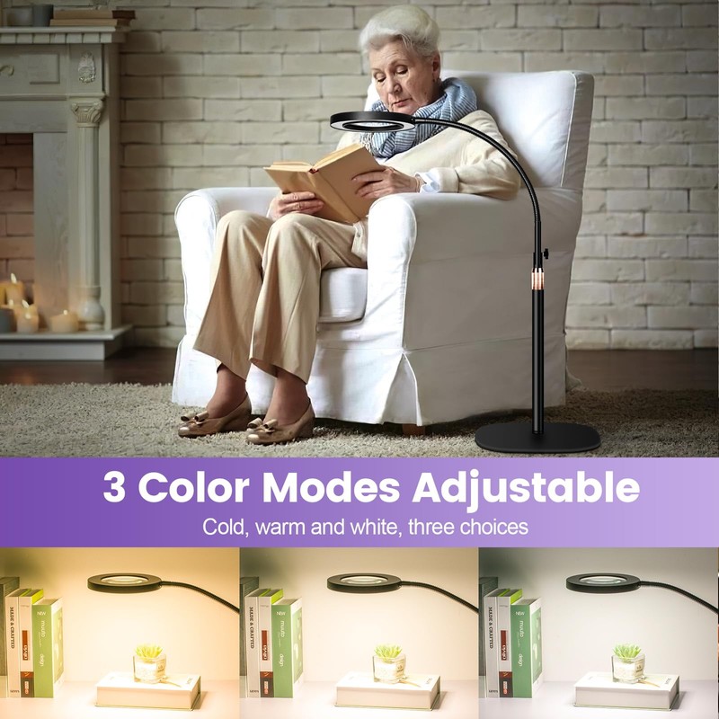 12X Magnifying Glass with Light and Stand,NUEYiO 3-Color Stepless Dimmable
