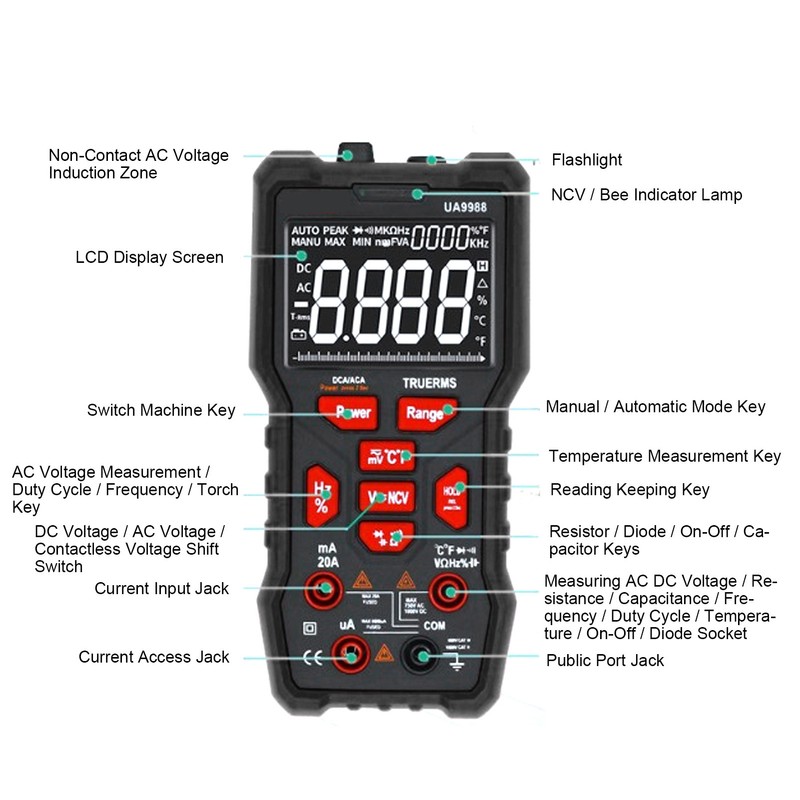 UA9988 Digital Multimeter AC/DC Current Voltage Capacitance Resistance Measurement Black
