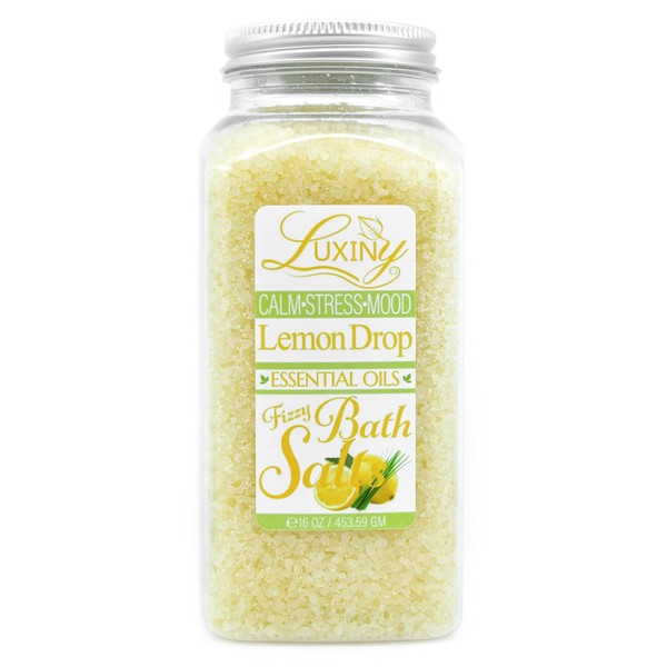Bath Salts for Women, Relaxing Sea Salt Bath Soak with Moisturizing Almond Oil and Essential Oils, Made in The USA by Luxiny, 16 oz. (Lemon Drop)