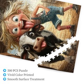 Quelindra Highland Cows 500PCS Jigsaw Puzzle, Funny Cow and Girl, Cartoon Style, 12+ Age, 500 Pieces, 1 Set, 1 Package