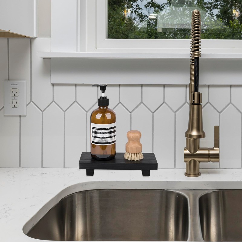 Bathroom Counter Organizer Wood Pedestal Stand Farmhouse Decorative Tray Soap