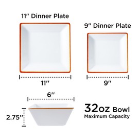 TP 12-Piece Square Dinnerware Set, Melamine Dishes Set with Bowls and Plates, Non-breakable Lightweight Dinner Service for 4
