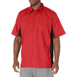 Chef Code Men's Utility Work Shirt with Button Front and Vent Side Panels, Red/Black, Large