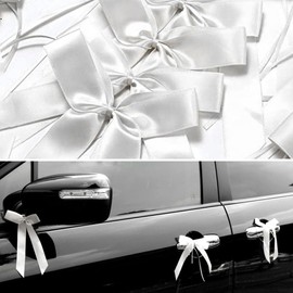 50 Car Bows Wedding Handmade Satin Ribbon Aerial Bows Easy to Tie to Car - White 25 x 12 cm