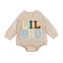 Twopumpkin Newborn Baby Boy Little Brother Onesie Sweatshirt Bubble Romper Fall Winter Clothes Sister Matching Outfits (Lil Bro Romper, 0-3 Months)