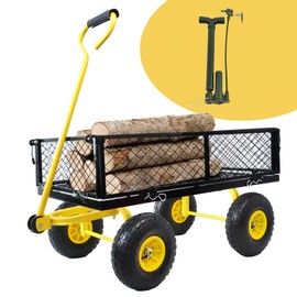 Donext Heavy Duty 600 Lbs Capacity Mesh Steel Garden Cart Folding Utility Wagon cart with Removable Sides, Wheelbarrow, Utility Cart with Wheels, Yellow