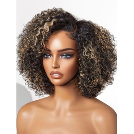 LUVME HAIR 12 Inch Blonde Highlight Short Curly Human Hair Wig Glueless Pre Plucked Left C Parted Ombre Bob Wig, Ready to Go Pre Cut HD Lace Closure Wig