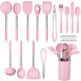 HaWare 29 PCS Silicone Cooking Utensils Set, Heat Resistant Kitchen Utensils Set with Stainless Steel Handle, Spatula Sets with Holder and Hooks, Kitchen Tools Gadgets for Nonstick Cookware -Pink