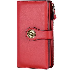 Travelambo Wallets Women RFID Large Capacity Luxury Waxed Leather Clutch Wallet Multi Card Organizer (Red)