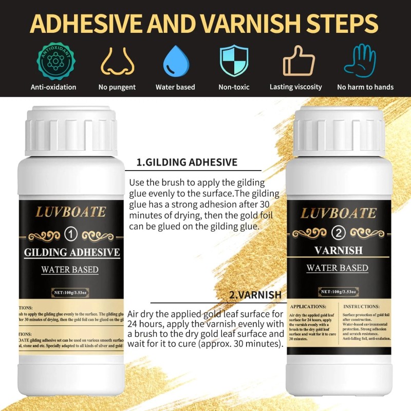 Luvboate Gilding Adhesive Set, Gold Leaf Kit, 3.53oz Water Based