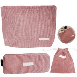 3 Pcs Cosmetic Bag, Valentines Day Pink Makeup Bag, Corduroy Toiletry Bag, Pencil Case and Drawstring Organiser for Women Girls Lover Girlfriend