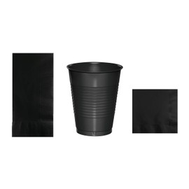 Baxters Party Bundles Bulk, Black, 40 Count 16 Ounce Plastic Cups, 50 Count Dinner Paper Napkins, 50 Count Luncheon Paper Napkins, Pack Contains 140 Pieces Made in the USA