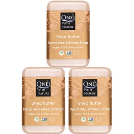 One With Nature One With Nature Dead Sea Mineral Shea Butter Soap 7oz 3Pack with Argan Oil - Dead Sea Salt Contains Magnesium, Sulfur & 21 Essential Minerals for All Skin Types, Eczema, Psoriasis, Acne, 100% Natural