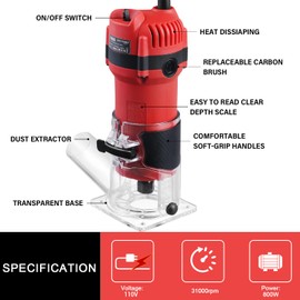 TEENO Wood Router, 800W Compact Router Tools for Woodworking, 31000 RPM Hand Trim Router with 15 Pcs 1/4" Router Bits Set, Edge Guide, Roller Guide, Dust Hood
