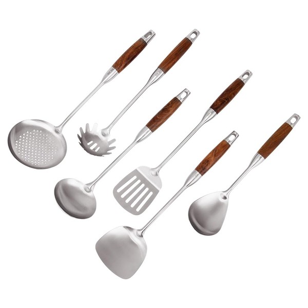 VALESKA Kitchen Utensils Set with Wood Handle, 6 Pieces Stainless