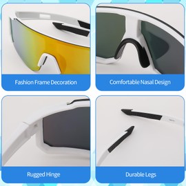 3 Pack Cycling Glasses Mens Women, Mirrored Sports Sunglasses for MTB Road Bike Hiking Baseball UV400 Protection Glasses White