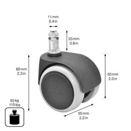 WAGNER swivel chair castors/office chair castors - 5pcs. set - SOFT - diameter Ø 50 mm, soft-running surface, interval braking, pin 11x 20 mm, load capacity 50 kg/castor - 02401161