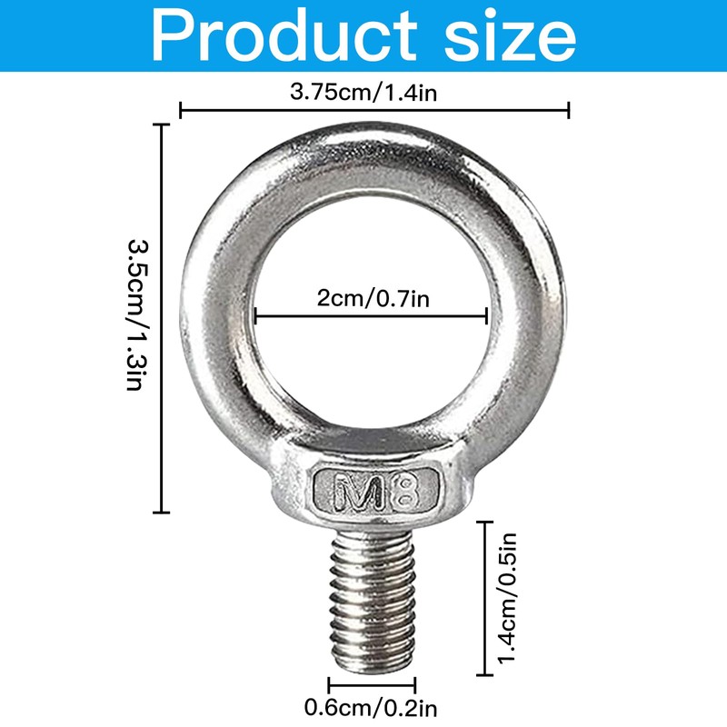 Gearmax Pack of 8 M8 Ring Bolts, 304 Stainless Steel