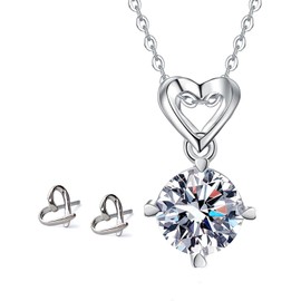 Collar y Aretes Plata de Mujer con Dije Corazón, Joyeria Plateada Elegante