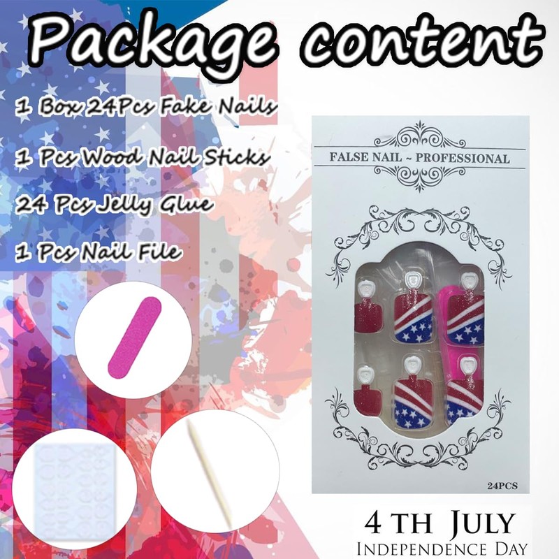 24Pcs 4th of July Press on Toenails Short Square Fake
