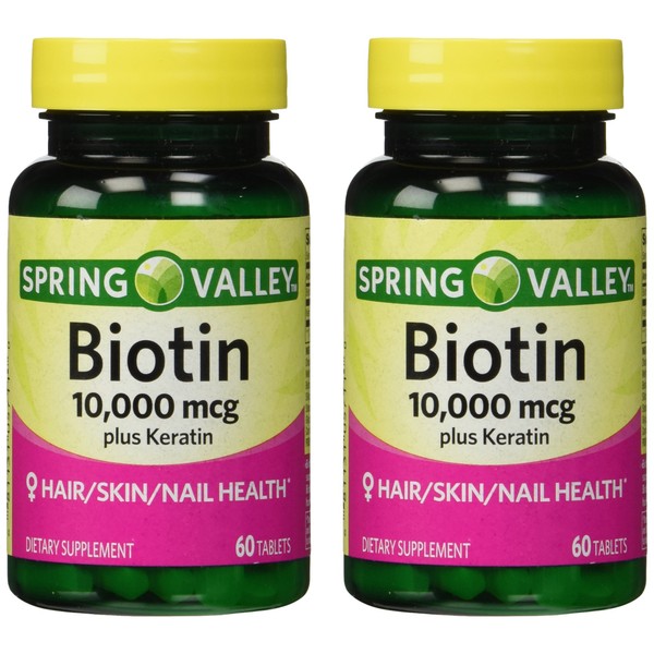 Spring Valley 10000mcg Biotin with 100mg Keratin Dietary Supplement, 60 Tablets (Pack of 2)
