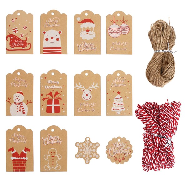 DERAYEE Christmas 102 Pieces Kraft Paper Gift Tags Tags 5 x 7.5 cm with Jute String 31 m and Red/White Cotton Yarn 31 m, 12 Designs for Christmas