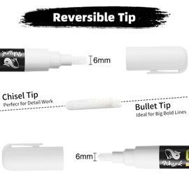 WISYOK White Chalk Pen, 4 Chalk Markers, White Wall Pens, Flip Chart Pens, Foil Pen, Water Soluble, Chalk Pens for Blackboard, Washable, Whiteboard Marker, White, 6 mm Reversible Tip