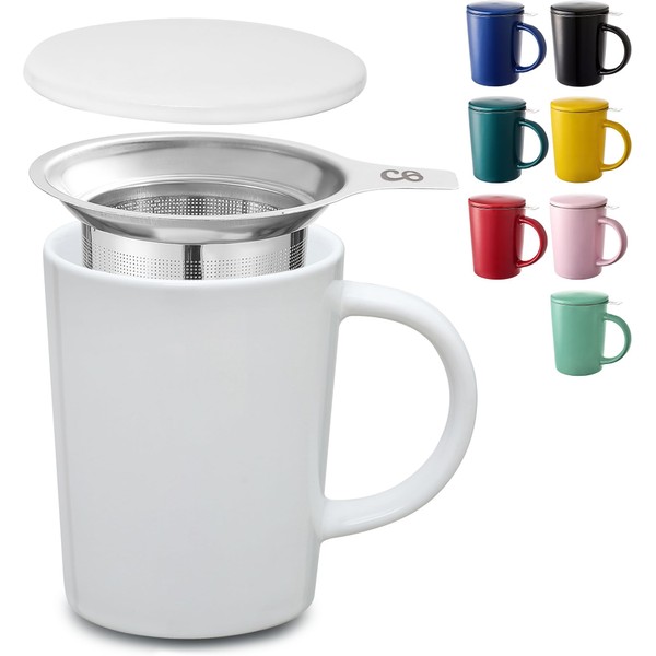 Cosumy Tea cup with strainer and lid, ceramic white, keeps you warm for a long time, 400 ml large, dishwasher safe
