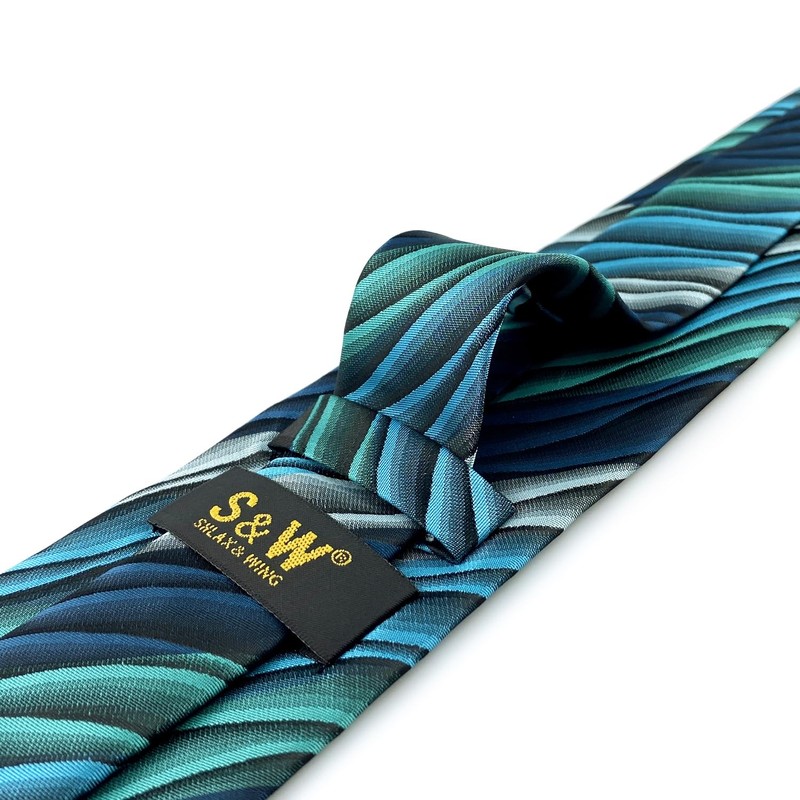 Shiraku to Wing Men's Necktie, Wavy, Blue, Floral, Silk, Green,
