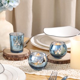 Blue 12 PCS Combination Tea Lights Candle Holder Decorative with Butterfly Pattern, Votive Candle Holders for Wedding, Birthday, Anniversary, Parties, and Holiday Decorations