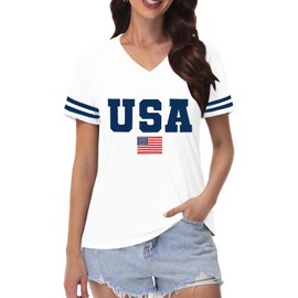 NEWKA 4th of July Shirts Women USA T-Shirt Patriotic V-Neck Tee American Flag Sleeves Printing Tops