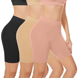 SIHOHAN Womens Slip Shorts Comfortable Short Pants Ultra Soft Seamless Long Briefs for Under Dresses Leggings and Yoga(Black+Beige+Pink,L)