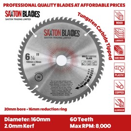 TCT16060TTCG Saxton TCT Circular Saw Blade 160mm x 60T x 20mm Bore (16mm ring) Aluminium Laminate Hardwood
